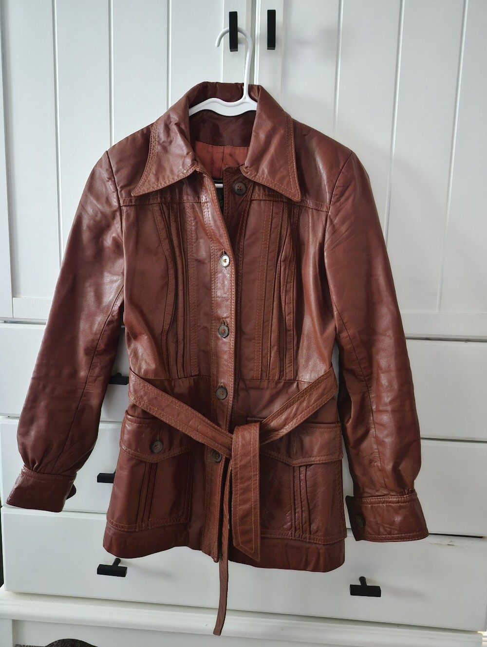 Pierre Desmarais Vintage 1970 Women’s Copper Brown Leather Belted Jacket Sz S
